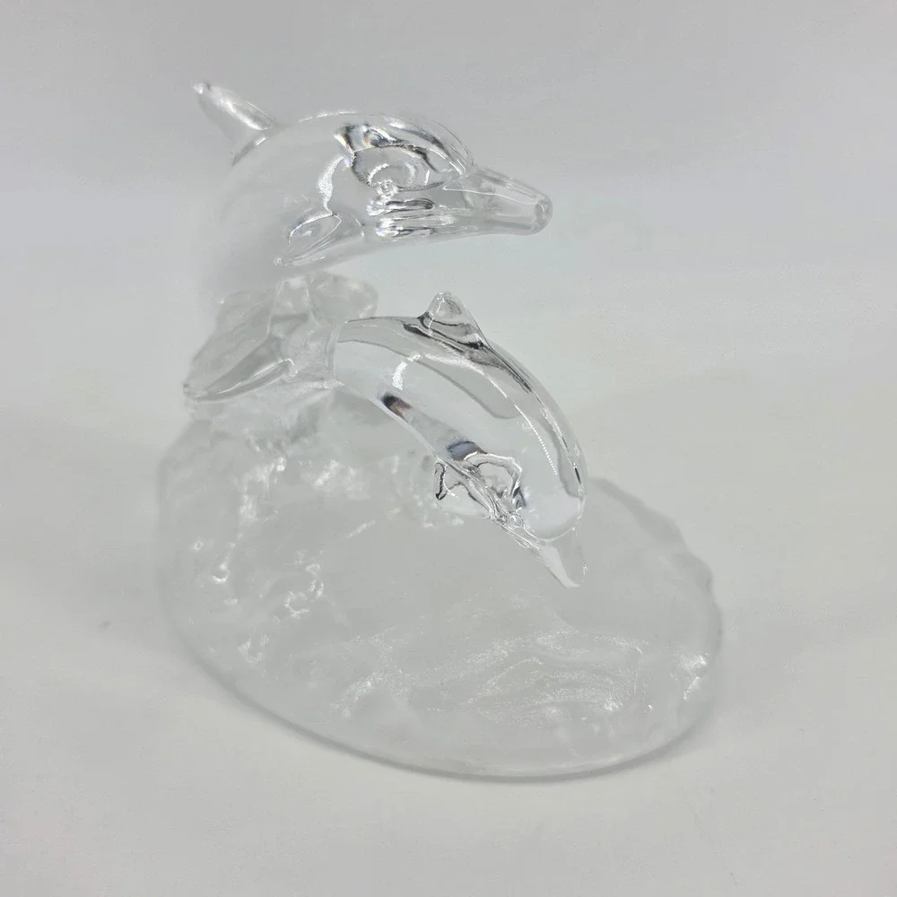 Clear Frosted Glass Double Dolphin Figurine Leaping Ocean Wave Coastal Decor